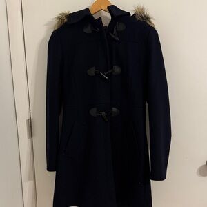 Nautica Women's Navy Toggle Trench Coat with Faux Fur Hood